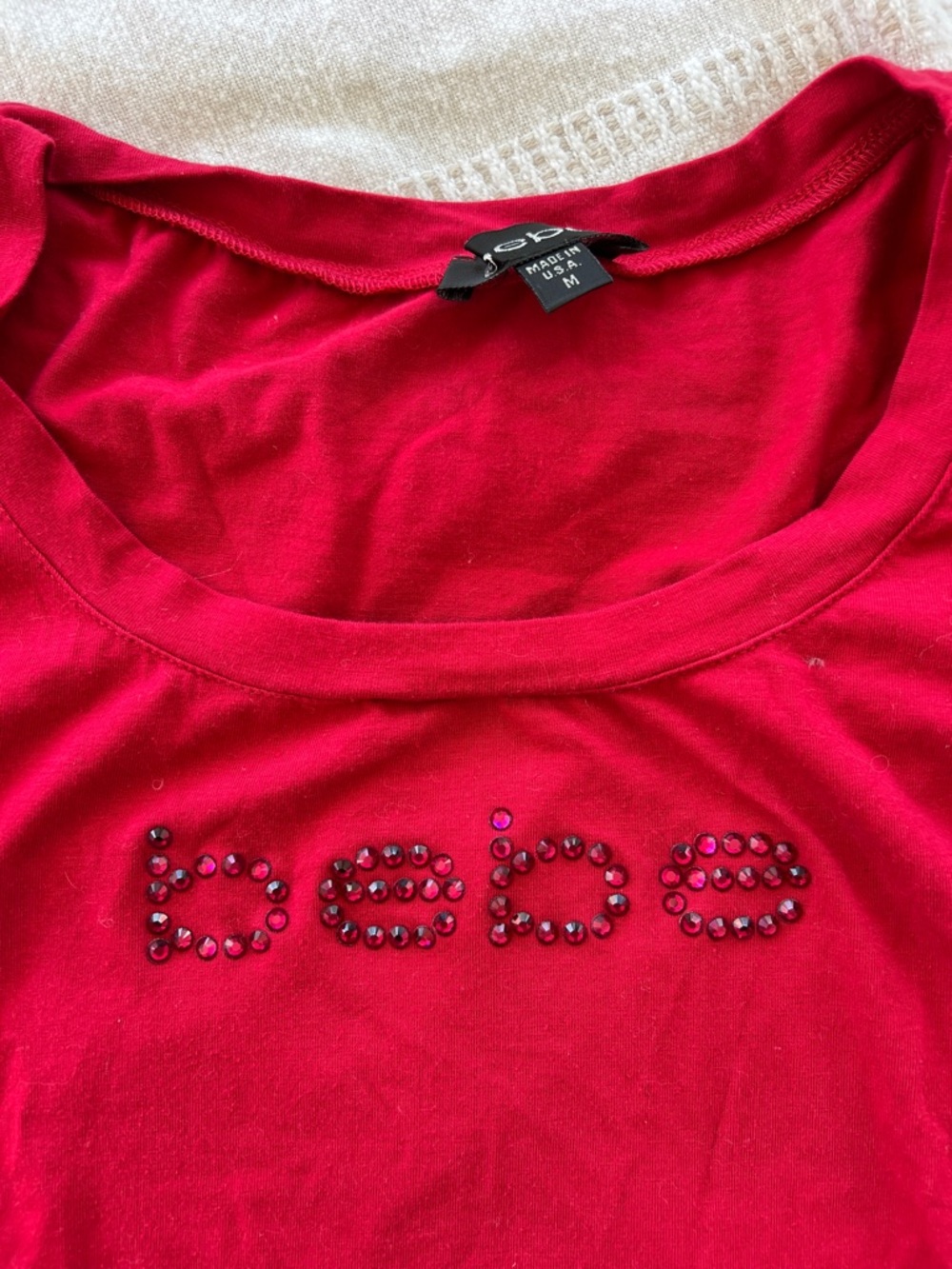 bebe Red Rhinestone Lace Sleeve Tee - Picture 2 of 6